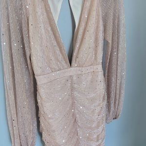 pink shimmer ruched shimmer glitter long sleeve dress night out prom holiday